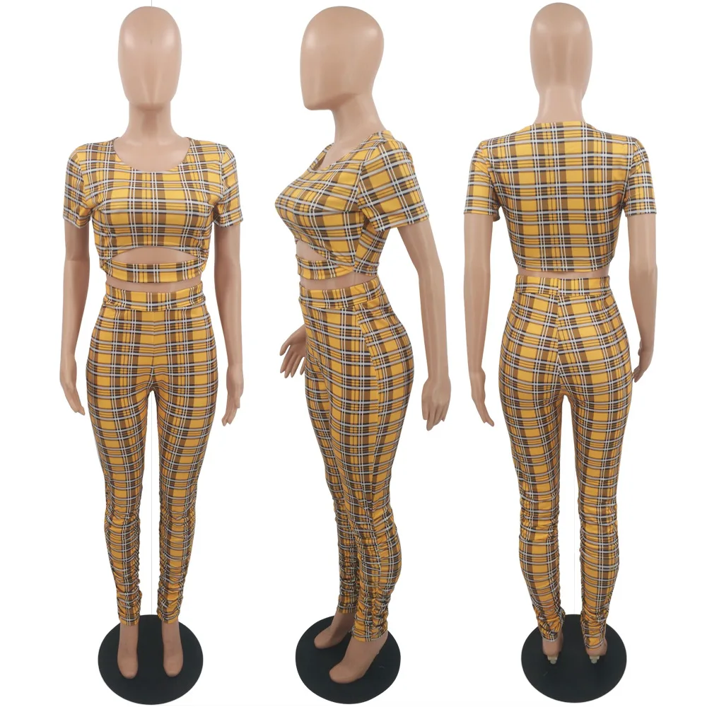 

Chiclover Summer Two Piece Set Women Wholesale Plaid Crop Top Stacked Pants Sets Sweet Short Sleeve Bandage Outfit Dropshipping