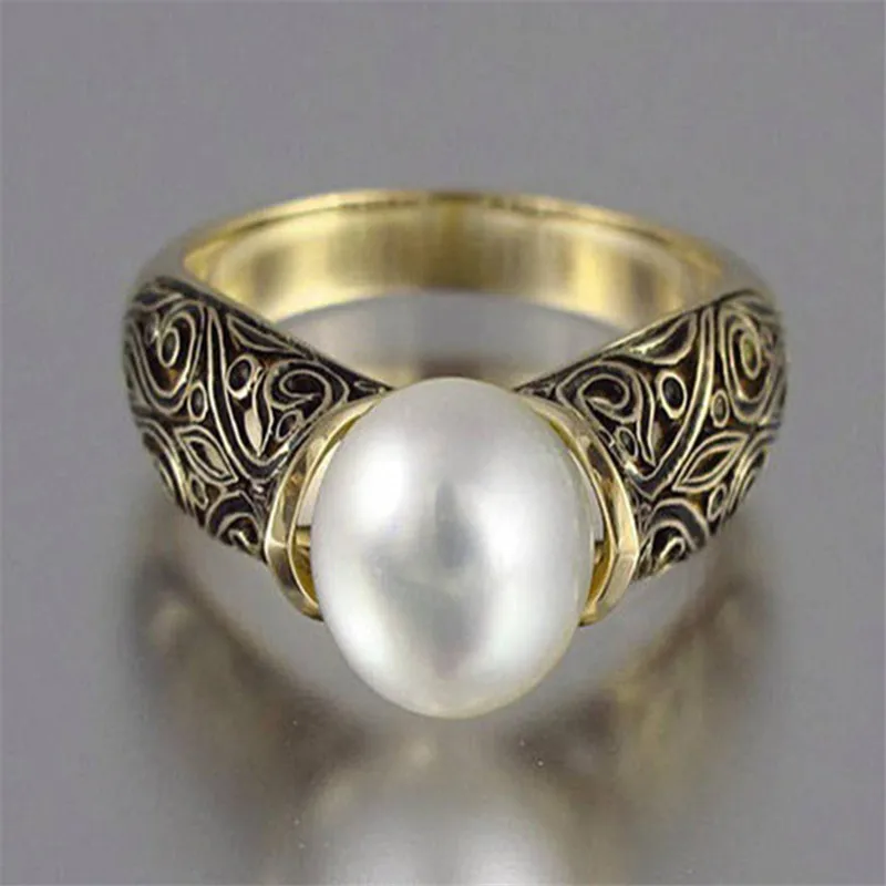 

Fashion Vintage Ring Sculpted Antique Gold Pearl Bride Wedding Engagement Rings