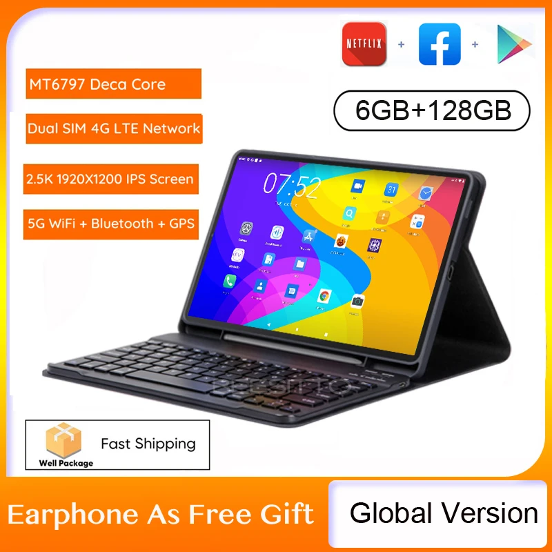 

Global Version 10 inch Tablet PC MT6797 Deca Core 6GB RAM 128GB ROM 4G LTE 13.0/5.0MP Android 10.0 2.5K IPS Tablets tablette