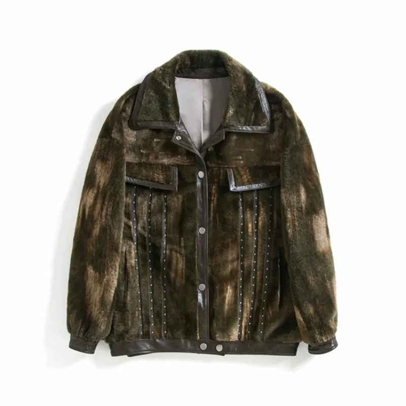 

2021 Winter Mens Real Fur Jacket Vintage Loose Shearling Sheepskin Coat Street Casual Warm Overcoat Fashion Mens Bomber Jackets