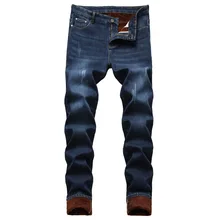 Hot Winter 2021 New Casual Mens Warm Slim Fit Jeans Business Thicken Denim Trousers Fleece Stretch Pants Brand Black Blue Jeans