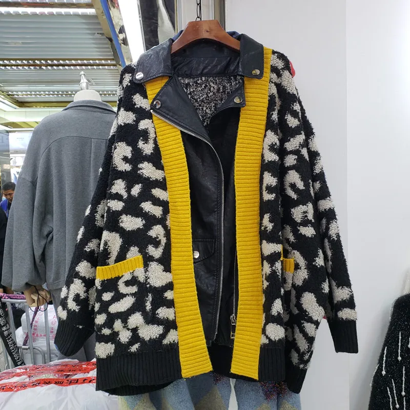Bella philosophy 2020 autumn Winter Fashion Women Leopard Knitted sweater lady casual Leather Jacket Female Loose Cardigan Coat |