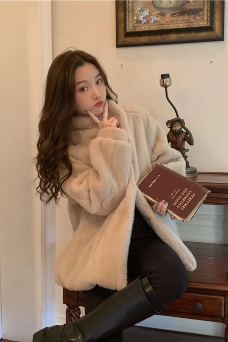 Меховое плюшевое пальто с воротником-стойкой Осень-зима теплый свободный