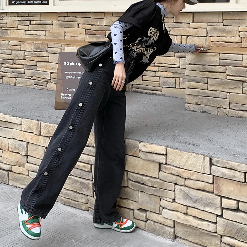 

2021 Spring Streetwear Women Jeans Side Button Design High Waist Wide Leg Loose Straight Jeans Pants For Women