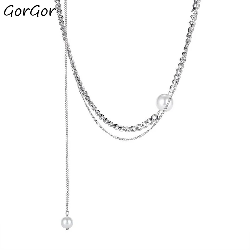 

GorGor Necklace Women Stainless Steel Pattern Double Chain Beads Clavicle Chain Individuality Anniversary Jewelry TX-1800