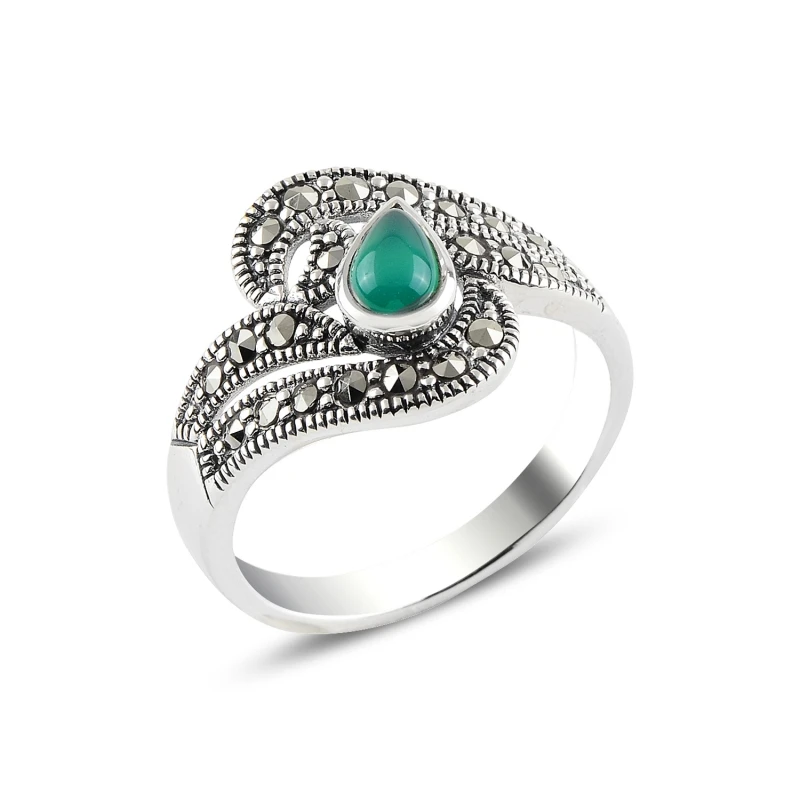 

Silverlina Silver Green Agate & Marcasite Ring