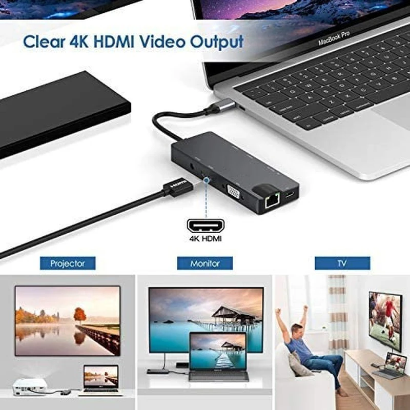 Адаптер VGA с разъемом типа C к HDMI RJ45 Lan Ethernet SD TF Type Hub USB 3 0 5 мм Jack аудио видео