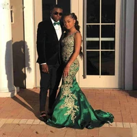 african green mermaid evening dresses one shoulder gold appliques sexy backless long formal customize prom party gowns