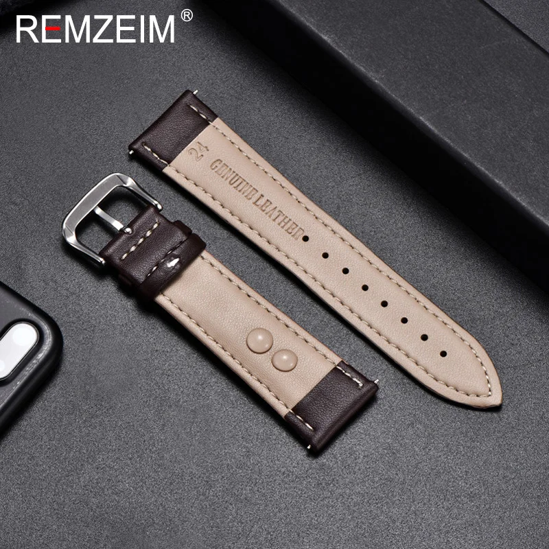 REMZEIM Watch Band Genuine Leather straps Watchbands 18mm 20mm 22mm 24mm Watch Accessories Women Men Brown Black Belt Band