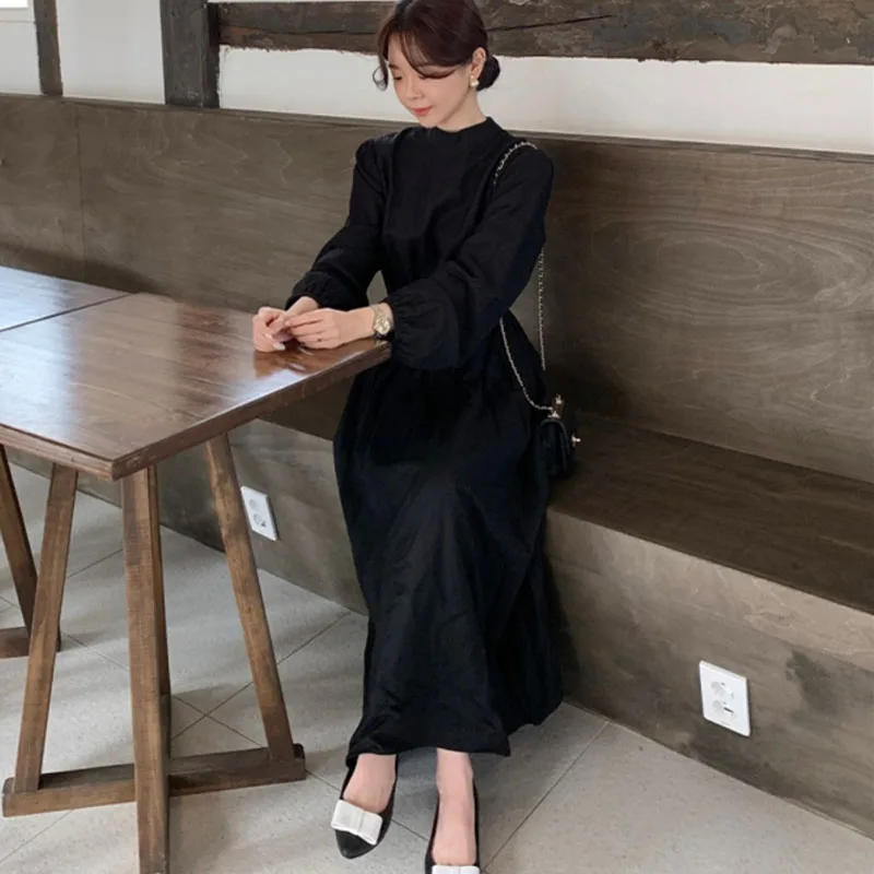 

French Long Sleeve Waist Over Knee Dress 2021 Spring White Black Stand Collar Type-A Long Dress Women Vestidos Femme Robe 12785