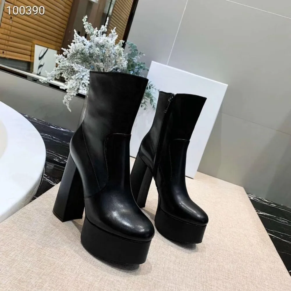 

Super High Heels Thick Platform Boots Real Leather Leopard Print Boots Women Party Booties Botas mujer