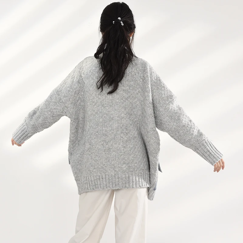 

[EAM] Loose Fit Gray Knitting Denim Big Size Jacket New Lapel Long Sleeve Women Coat Fashion Tide Autumn Winter 2021 1DD160102