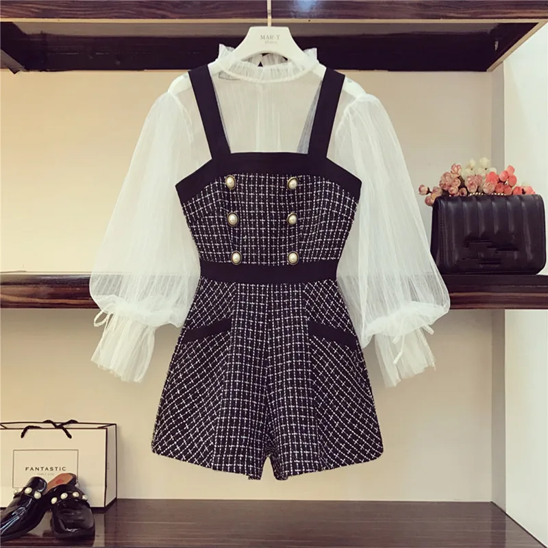 Новинка 2019 Осенний твидовый комбинезон комплект из 2 предметов женский белый