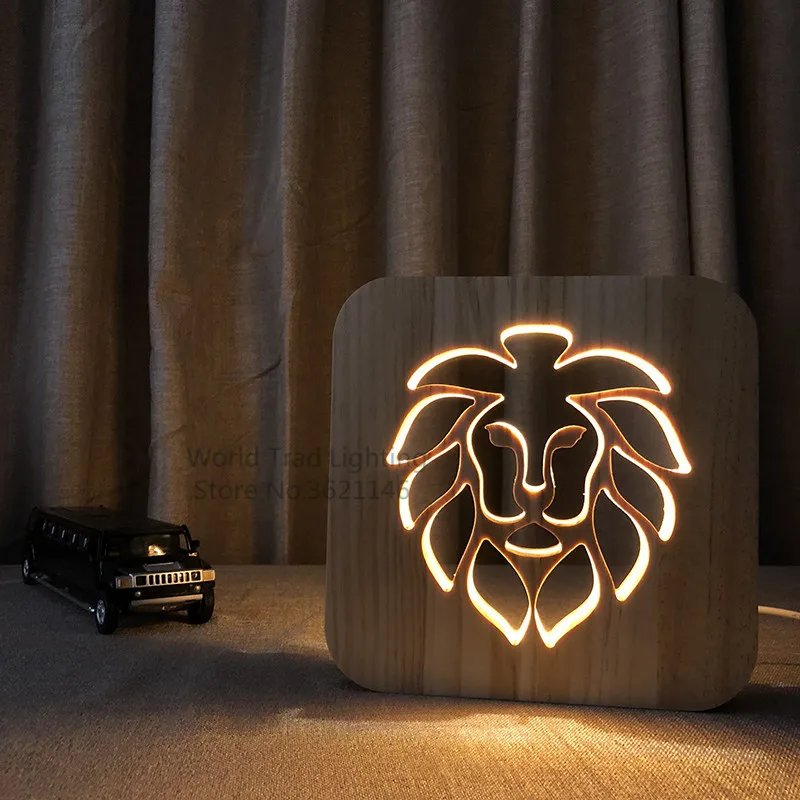 

Warm White 3D Wooden Lion Lamp Animal Style USB LED Table Light Switch Control Wood Carving Lamp for Children bedroom Decor