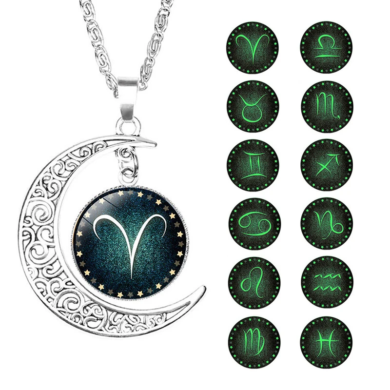 12 созвездий ожерелье Знаки зодиака Кабошон стеклянный полумесяц Луна цепочка