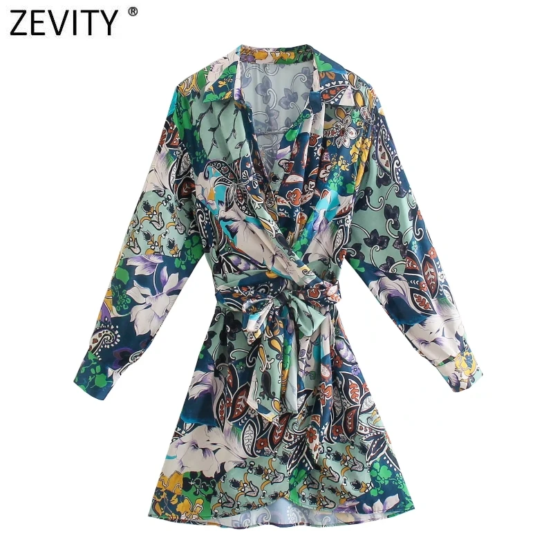 

ZEVITY 2022 Women Vintage Cloth Pachwork Totem Floral Pirnt Bow Sashes Kimono Mini Dress Female Chic Cross A Line Vestido DS8983