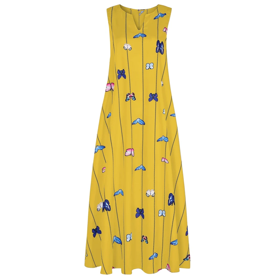

CARESHESS Summer Retro Harajuku V-neck Butterfly Print Elegant Sleeveless Dress Bohemian Casual Women's Casual Plus Size Dress