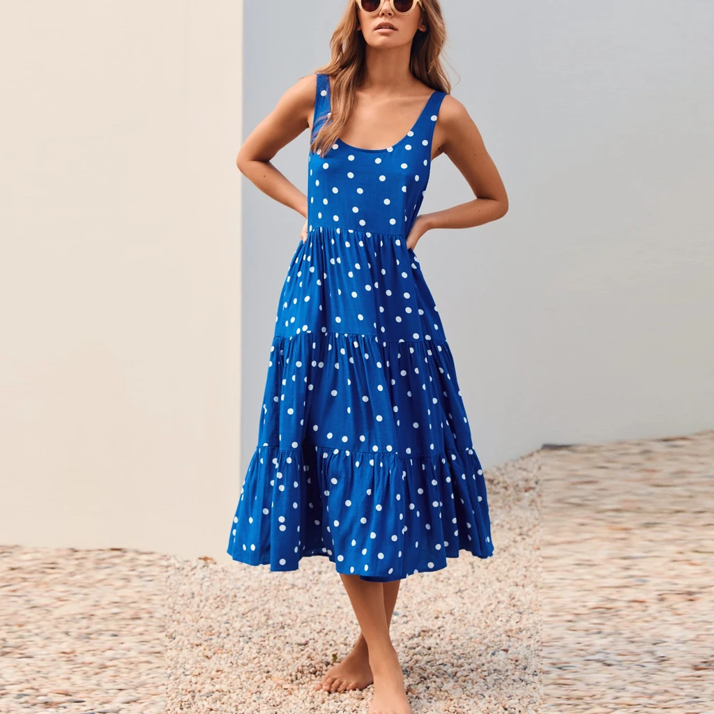 

Women's Clothing Dresses for Women Midi Dress Sexy Sundress Summer Casual Long Sleeveless U Neck Dot Printing Boho Blue Vintage