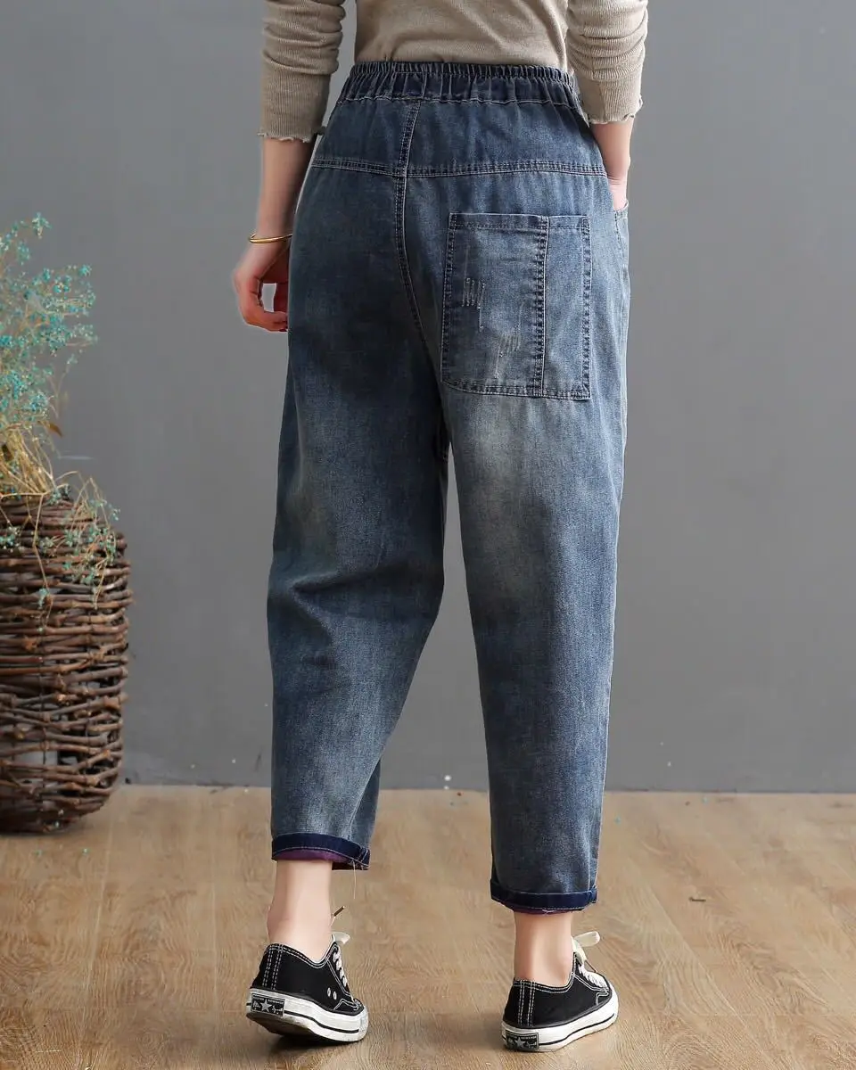 

Women Spring Autumn Fashion Flower Embroidery Large Size Ankle Length Jeans Female Casual Thin High Elastic Waist Harem Trousers