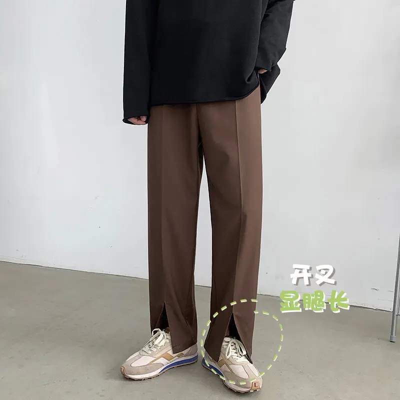 

Pure Color Formal Suit Pants Men Korean Fashion Loose Hem Split Business Casual Pants Men Streetwear Straight Leg Pants Men