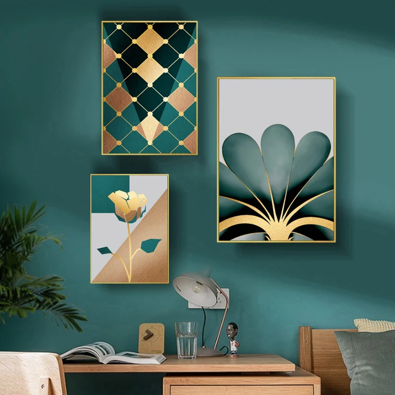 Золотые и зеленые растения цветы монстера настенная Картина на холсте плакаты