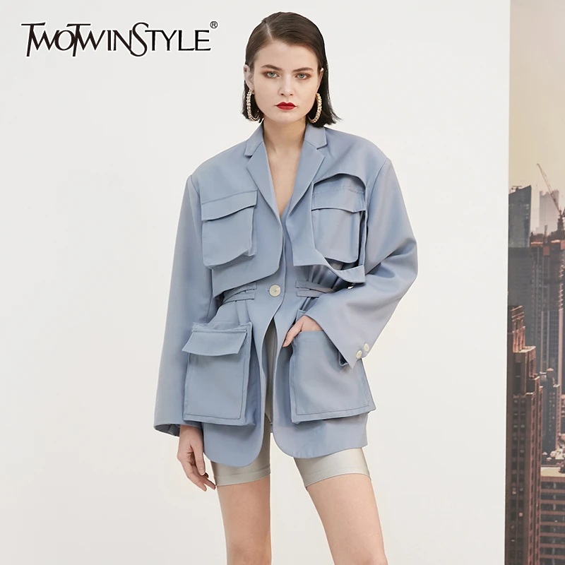 

TWOTWINSTYLE Casual Windbreakers For Women Lapel Collar Long Sleeve High Waist Lace Up Trench Coats Female 2021 Clothing Fashion