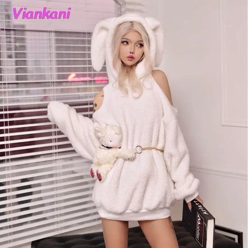 

Kawaii Bunny Hoodie Women Sexy Off Shoulder Sweatshirt Ladies Autumn Winter 2022 Fashion Long Sleeve Pullover Cute Jumper Tops