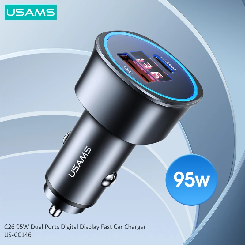 

USAMS 95W LED Display Fast Car Charger Aluminum Alloy PD QC3.0 AFC FCP Phone Charger For iPhone Xiaomi Huawei Laptops Tablets