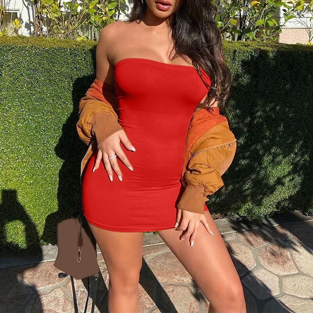 

Solid Bodycon Dress Women Sexy Strapless Shoulder Off Mini Pencil Dress Clubwear Summer Mini Party Sundress Clubwear Vestidos