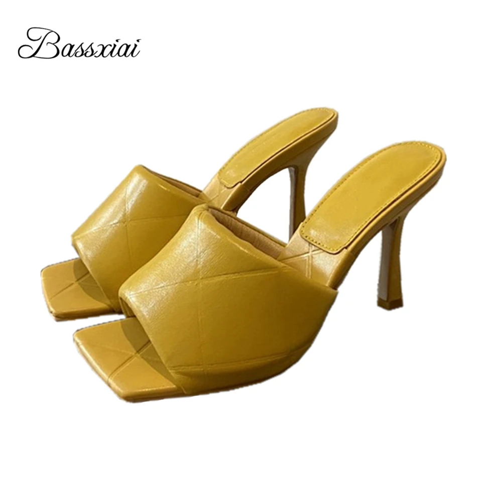 

Embossed Real Leather Slip-On Runway Mules Lady Multicolor Square Open Toe Thin High Heel Slingbacks Sandals Women Summer