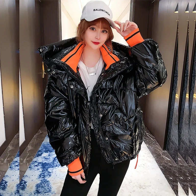 

Korean Color Contrast Glossy Down Cotton Padded Coat Women Casual Warm Hooded Parkas Cotton Outwear Casacos De Inverno Feminino