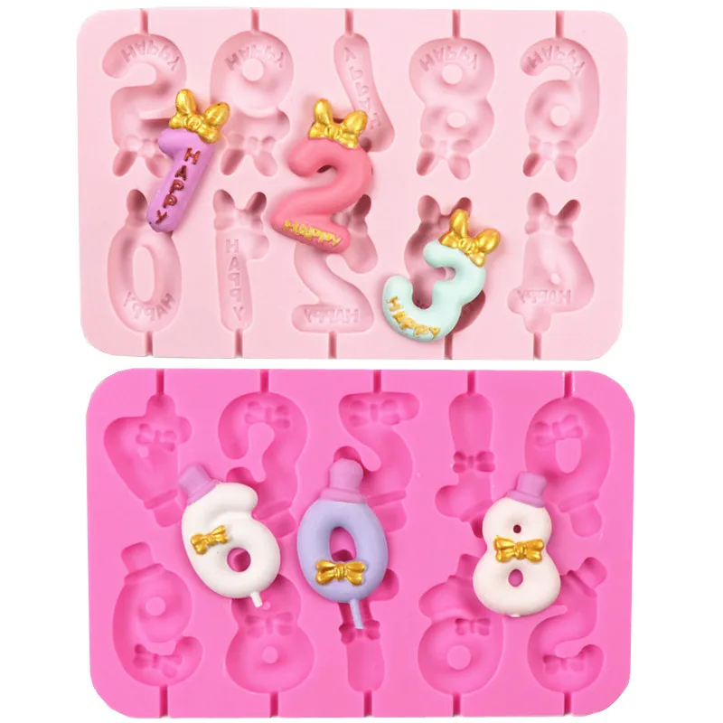 

Numbers 0-9 Lollipop Mold Bowknot Topper Chocolate Cheese Stick Mold DIY Birthday Cake Decoration Candle
