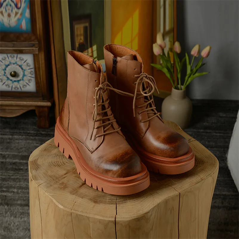 

Meotina Women Ankle Boots Shoes Real Leather Platform Mid Heel Motorcycle Boots Zip Block Heels Cross Tied Short Boots Brown 40