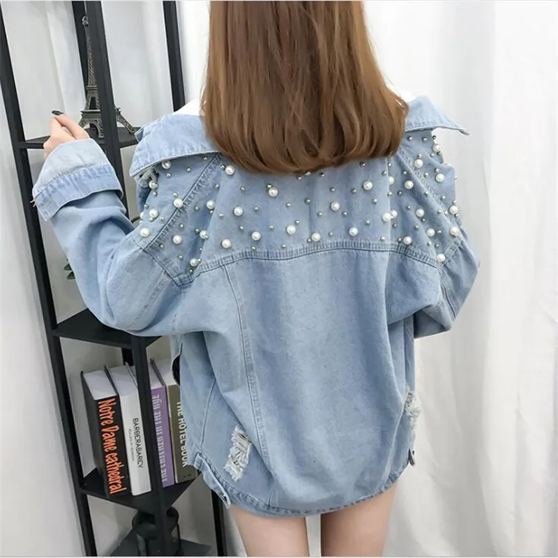 Nieuwe Kralen Pailletten Gat Losse Toevallige Denim Jas Vrouwelijke Student Herfst en Winter|Женские куртки| |