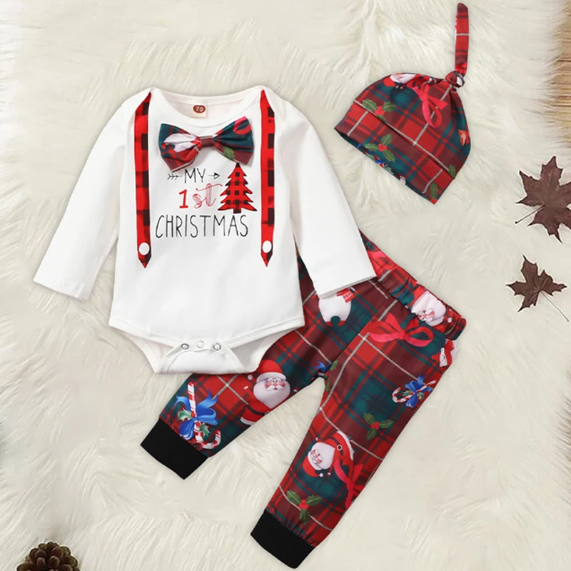 

2021 New Autumn Winter Baby Boy Girl Suit Christmas Long Sleeve Romper+Pants+Hats 3 Pieces Set Newborn Clothes For Baby Clothing