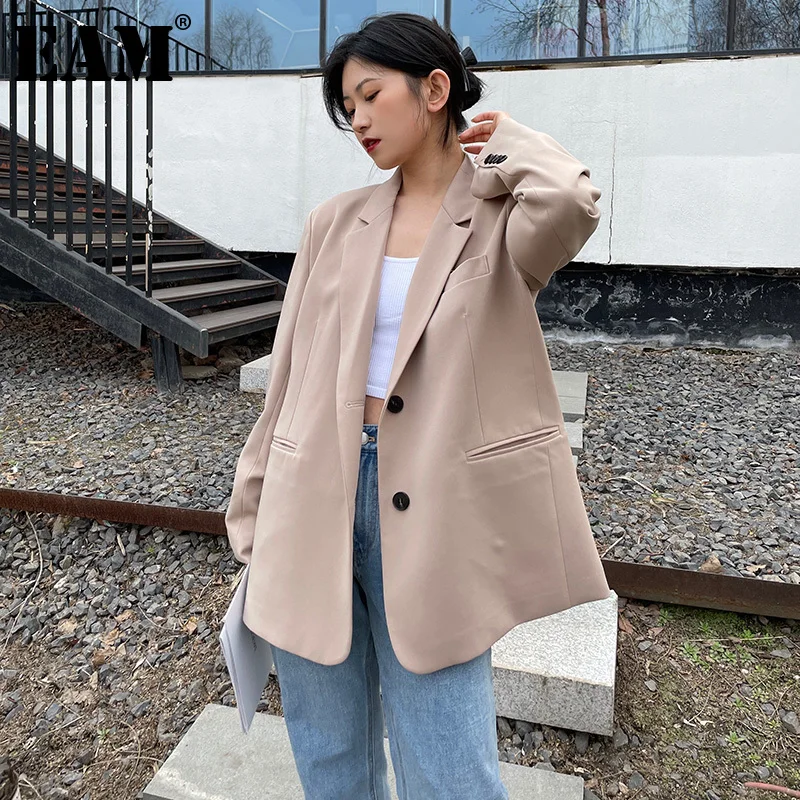

[EAM] Women Apricot Singble Breasted Big Size Blazer New Lapel Long Sleeve Loose Fit Jacket Fashion Spring Autumn 2021 1DE0134