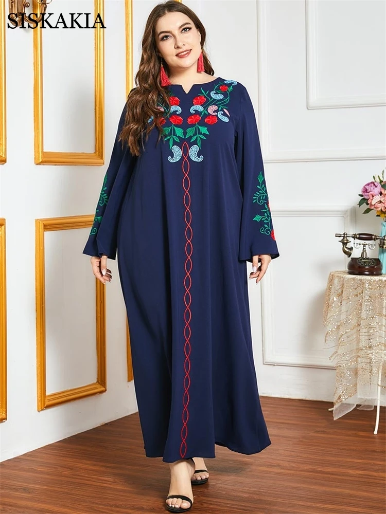 

Siskakia Indie Folk Floral Embroidery Maxi Dress for Women 2021 Plus Size Long Sleeve Elegant Muslim Arabic Dubai Clothes Eid