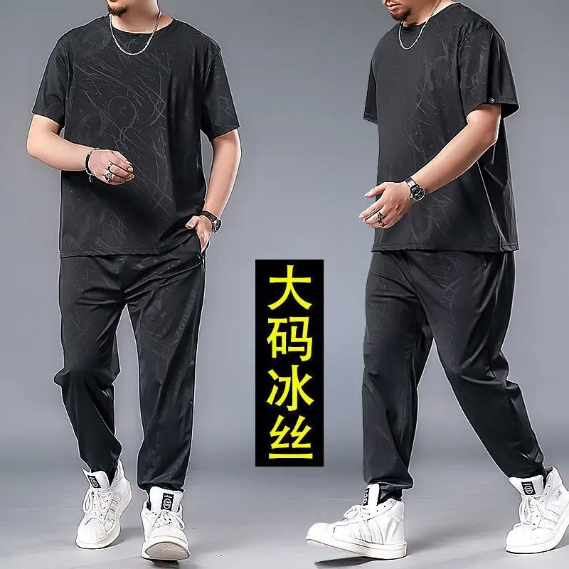 

2021 Summer Plus Ice Silk Men's Short Sleeve T-shirt Fashion Suit Sports Leisure Two Piece Set