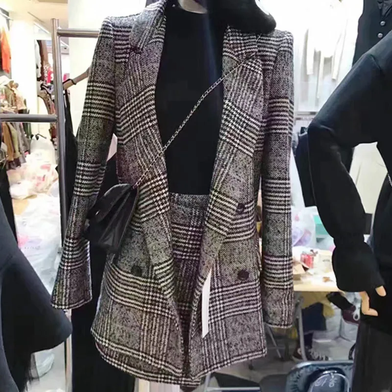 

Hot sale Fall Winter Houndstooth Blazer and Skirt 2 piece set Women Turn-down collar Long Sleeve Coat and Mini A-line Skirt Set