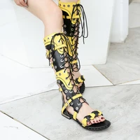 Net fashion casual leather sandals female summer Roman style high tube sandals hollow out cowhide color matching women shoes