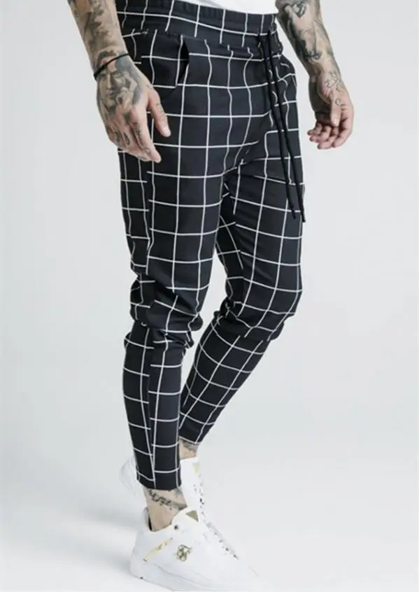 2019 Men's Fashion New Polyester Plaid Flocking Printing Casual Thin Sik Silk Sweatpants Street Hip-Hop Slim Trousers | Мужская