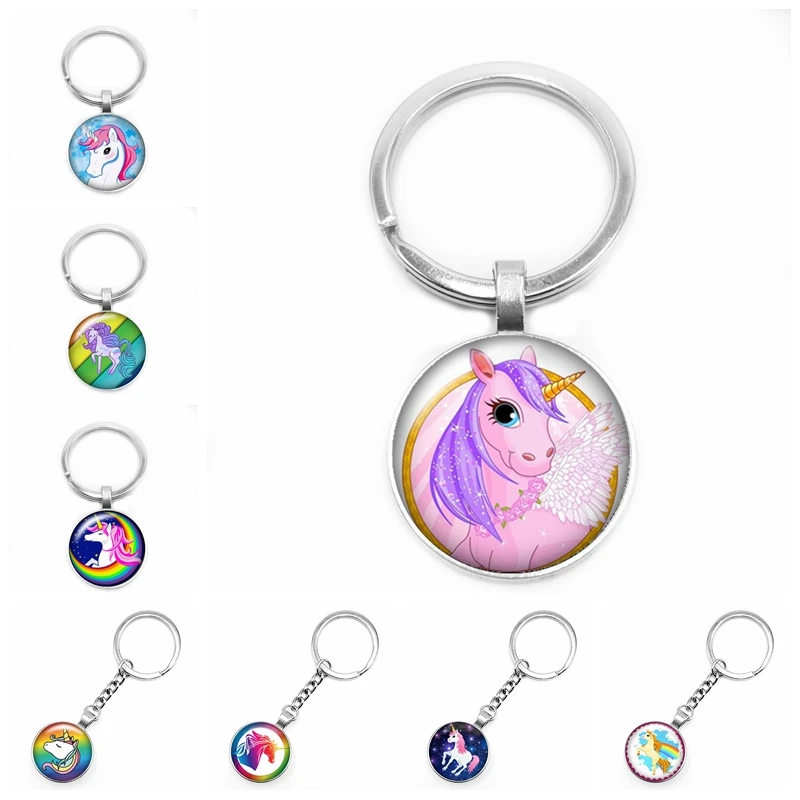 

2020 New Cartoon Cute Unicorn Keychain Glass Convex Personality Charm Bag Pendant Keychain Gift