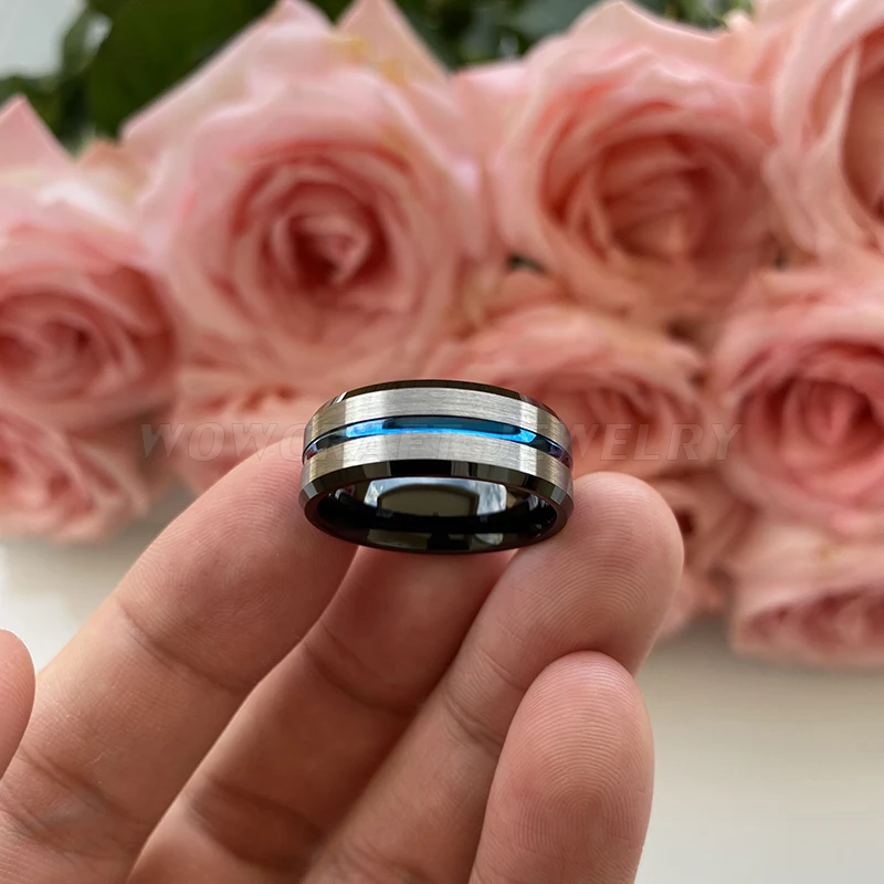 8 мм черный Вольфрам обручальное кольцо из матовой поверхностью Обручение синий