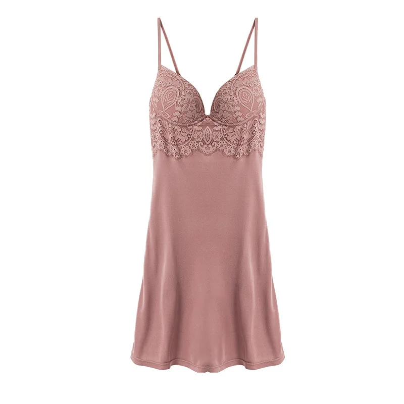 Flame of dream Silk Suspender Nightgown Lace Sexy Nightdress With Breast Pad 21-909