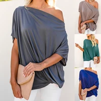 2021 summer hot style oblique shoulder ladies t shirt pleated solid color sexy loose hip hop womens clothing women sexy tops