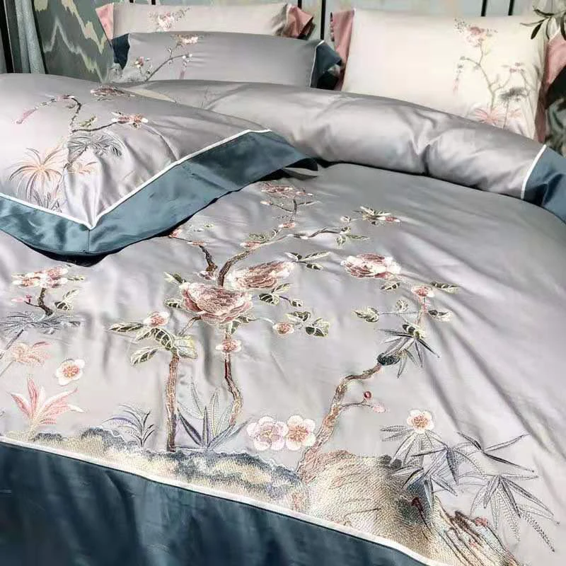 Chic Chinoiserie style Flowers Embroidered Gray Blue Duvet Cover set 600TC Egyptian Cotton 4Pcs Bedding Bed Sheet Pillowcase | Дом и сад