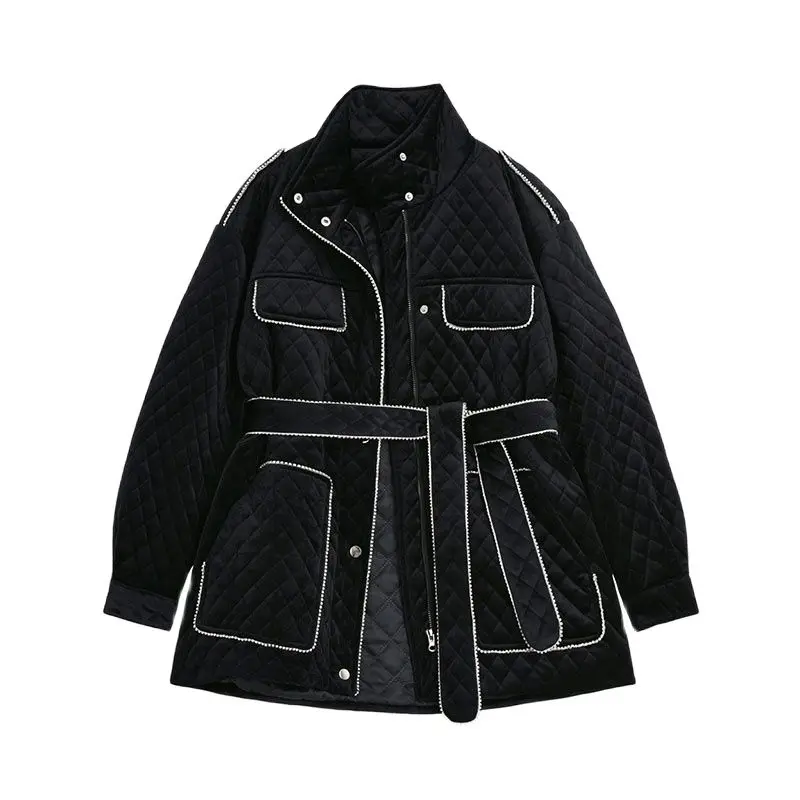 

Women Vintage Rhombus Plaid Cotton-padded Coat Autumn Oversized Trendy Single Breasted Long Sleeve Stand Collar Slim Jacket Coat