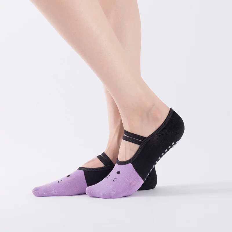 

Носки для йоги с рукоятками для женщин, спортивные носки для тренировок, пилатеса, носки с ремешками, милые носки-тапочки с мультяшным котом