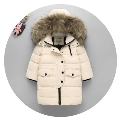 Raccoon Fur Beige Зимняя куртка Модные Детские Пуховые Пальто с капюшоном воротник из натурального меха, толстая Длинная зимняя куртка s для мальчиков и девочек, Детское пальто - Цвет: Raccoon Fur Beige
