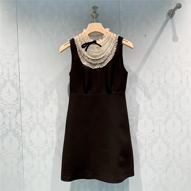 

Luxury Pearls Diamonds Mesh Collar Black Mini Party Dresses for Women 2021 Elegant Bow Slim Woman Dress Korean Summer Clothes